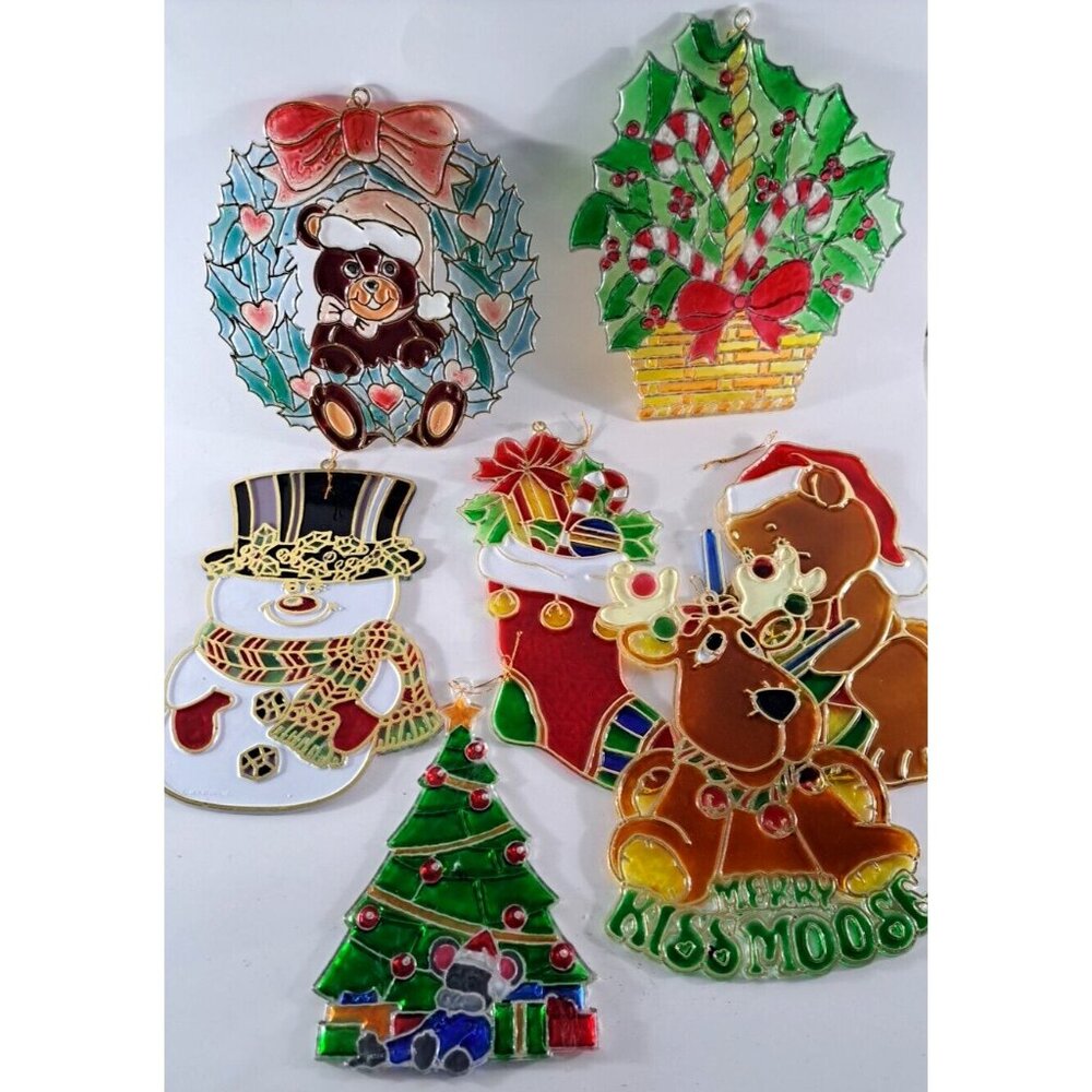 Christmas Suncatcher Plastic Stained Glass Window Style Hangers Bear Moose Tree